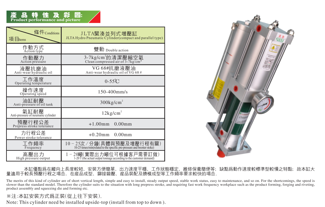 JLTA Hydro Pneumatic Cylinder compact and parallel type Hydro pneumatic Cylinder double action